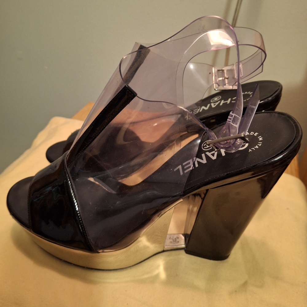 CHANEL Transparent Black and Silver Platform Heels